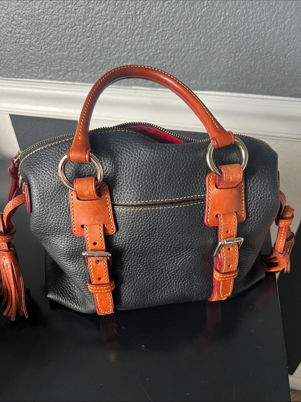 Dooney & Bourke Black Pebbled Leather Satchel with Brown Trim